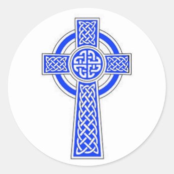 Blue Celtic Cross Design Classic Round Sticker by yackerscreations at Zazzle