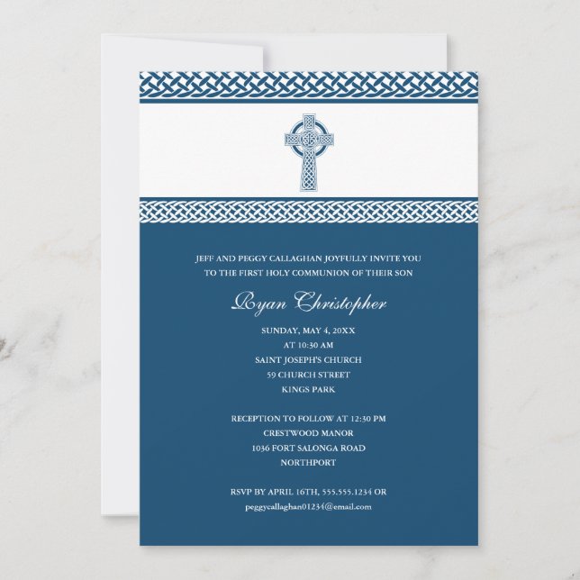 Blue Celtic Cross First Holy Communion Invitation (Front)
