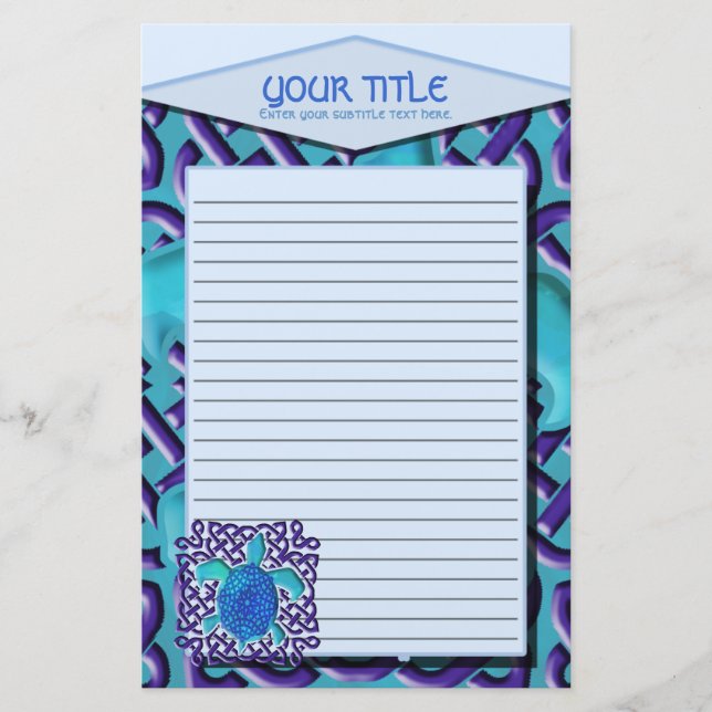 Blue Celtic Knot Turtle Lined Stationery (Front)