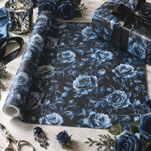 Blue Cemetery Roses Gothic Floral Wrapping Paper