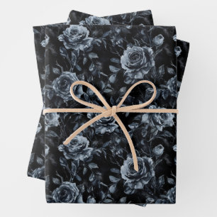 Blue Cemetery Roses Gothic Occult Wrapping Paper Sheets