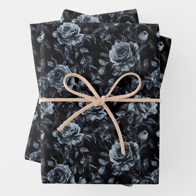 Blue Cemetery Roses Gothic Occult Wrapping Paper Sheets (In situ)