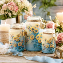 Blue Center Yellow Sunflower Branch Decoupage