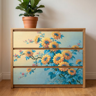 Blue Center Yellow Sunflower Branch Decoupage Tissue Paper