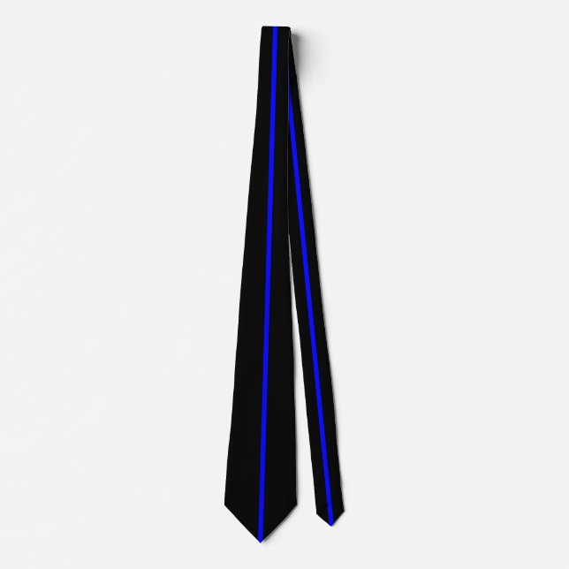 Blue Centered Thin Vertical Line on Black Tie (Front)