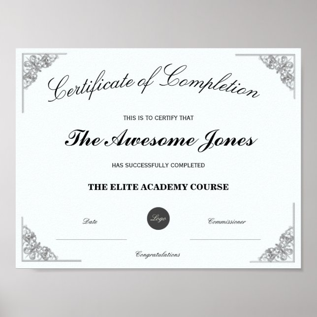 Blue Certificate of Completion Custom Logo Poster (Front)