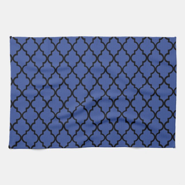 Blue Cerulean & Black Maroccan Trellis Quatrefoil Towel (Horizontal)