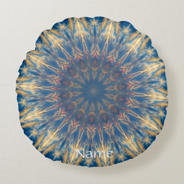 Blue Chakra Kaleidoscope Thunder_Cove Round Pillow (Front)