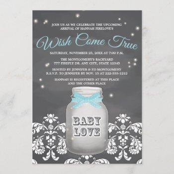 Blue Chalkboard Firefly Mason Jar Baby Shower Invitation by OccasionInvitations at Zazzle