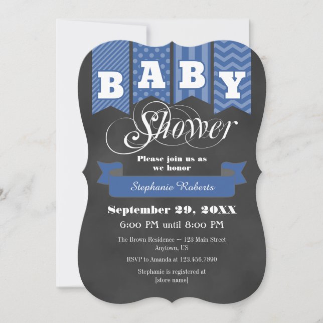 Blue Chalkboard Flag Baby Shower Invite (Front)