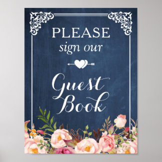 Blue Chalkboard Floral Sign Our Guestbook