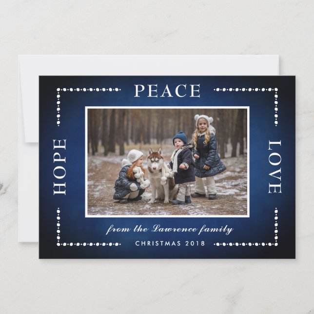 Blue Chalkboard Hope Peace Love Christmas Photo Holiday Card (Front)
