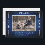 Blue Chalkboard Hope Peace Love Christmas Photo Holiday Card<br><div class="desc">This Christmas greeting card features Hope Peace Love text. Personalize this card by adding your own photo and name. This design is part of a collection which includes other matching items. Please visit the collection page in our store to see the full range.</div>