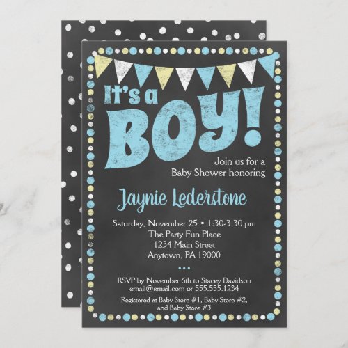 Blue Chalkboard Its A Boy Baby Shower Invitation
