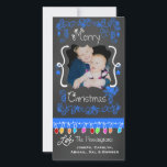 Blue Chalkboard Merry Christmas Holiday Photo Card<br><div class="desc">Merry Christmas holiday photo cards with a chalkboard look background,  lots of bright blue swirls and text that reads Merry Christmas,  a string of colorful tree lights in various colors,  blue hanging ornaments,  and areas you can customize these beautiful and bright holiday photo cards with your photo and names!</div>