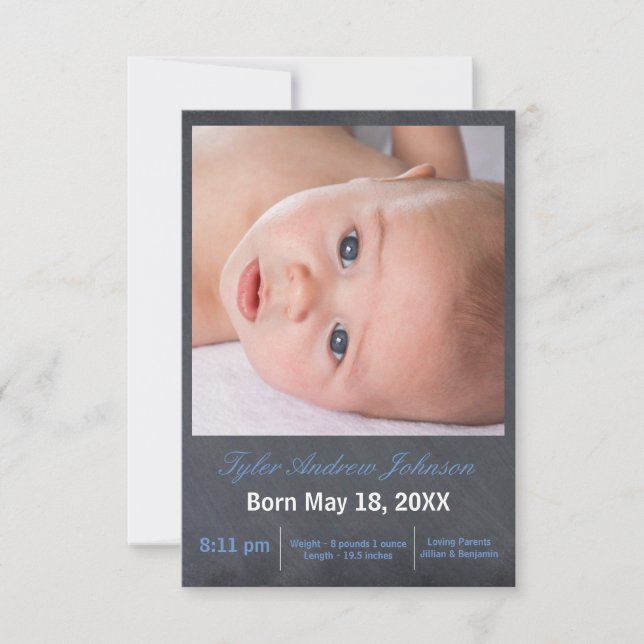 Blue Chalkboard Photo - 3x5 Birth Announcement (Front)