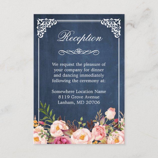 Blue Chalkboard Rustic Floral Wedding Reception Enclosure Card