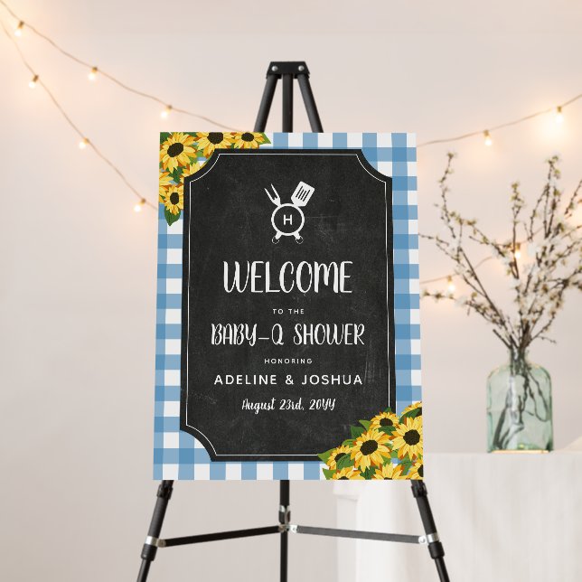 Blue Chalkboard Sunflowers Baby-Q Shower Welcome Foam Board (In Situ (Stand))