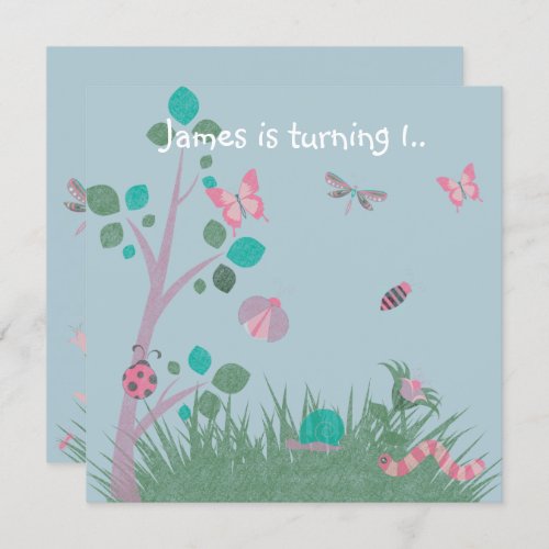 BLUE CHALKBOARD WOODLAND BUG BUTTERFLIES BIRTHDAY INVITATION