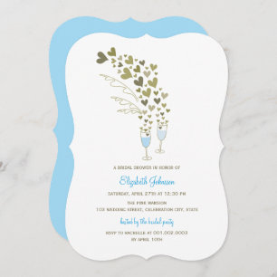 Blue Champagne Cheers & Gold Hearts Bridal Shower Invitation