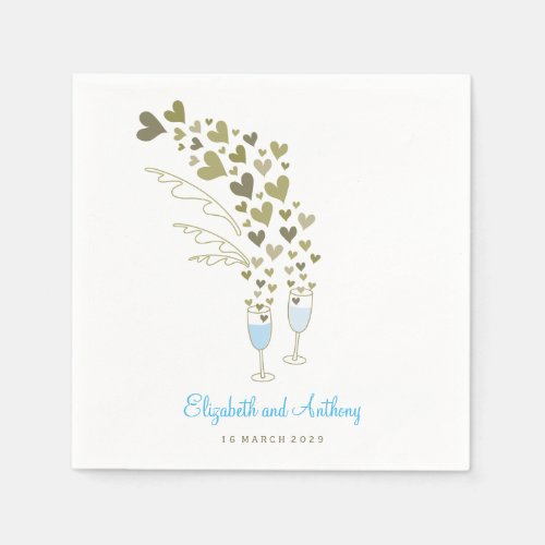 Blue Champagne Cheers Gold Hearts Wedding Party Paper Napkins