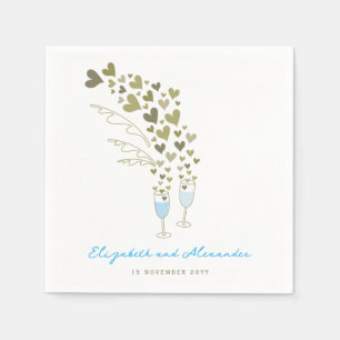 Blue Champagne Cheers Gold Hearts Wedding Party Paper Napkins