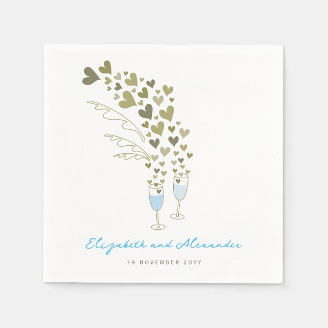 Blue Champagne Cheers Gold Hearts Wedding Party Paper Napkins (Front)