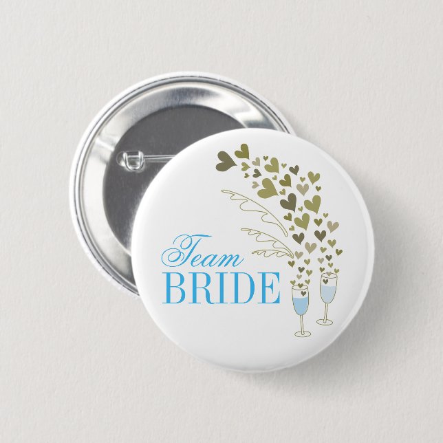 Blue Champagne Cheers & Hearts Team Bride Wedding Pinback Button (Front & Back)