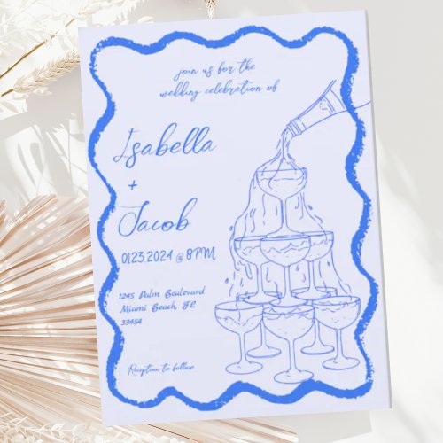 Blue Champagne Tower Wavy Hand Drawn Wedding Invitation