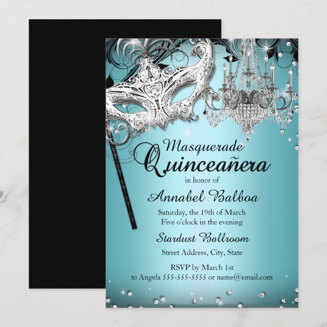 Blue Chandelier Masquerade Quinceanera Invite (Front/Back)