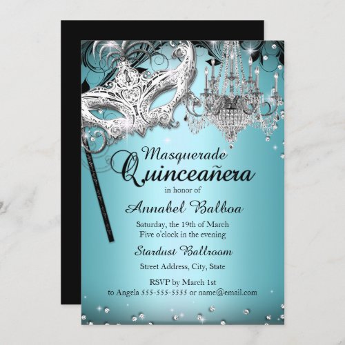 Blue Chandelier Masquerade Quinceanera Invite