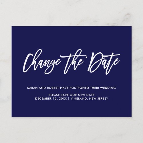 Blue  Change date Postponed Cancelled wedding Announcement Postcard