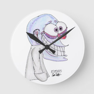 blue character smiling with coat round clock