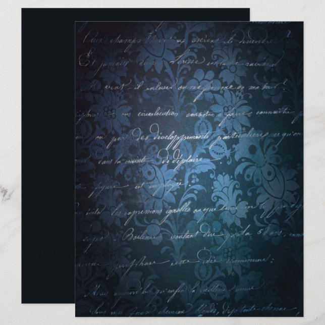 Blue Charcoal Gray Grunge Floral Scrapbook Paper (Front/Back)