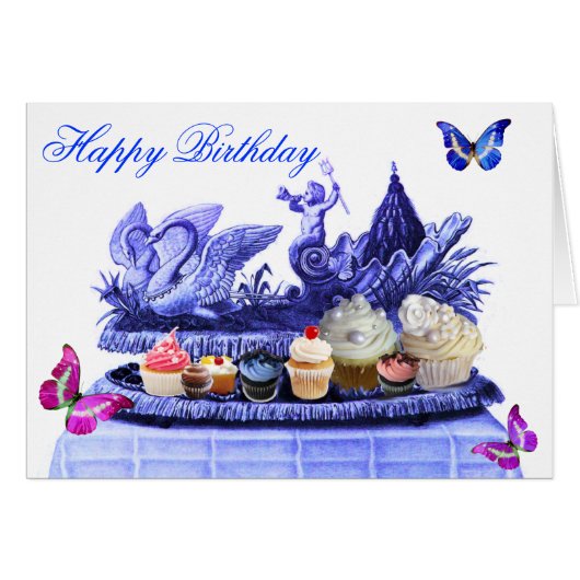 BLUE CHARIOT OF SWANS AND CUPCAKES HAPPY BIRTHDAY (Front Horizontal)