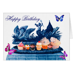 BLUE CHARIOT OF SWANS AND CUPCAKES HAPPY BIRTHDAY CARDS