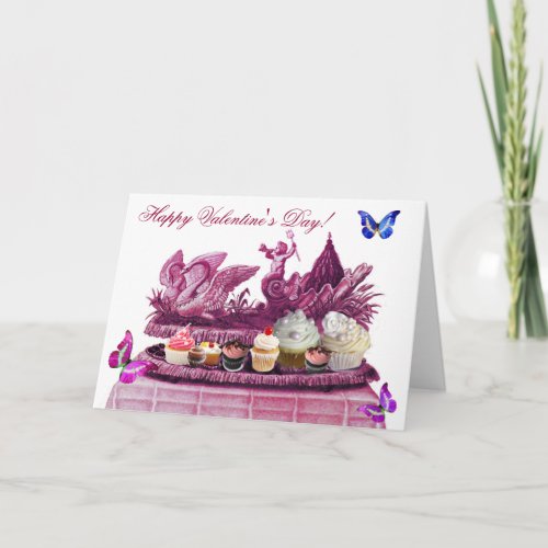 BLUE CHARIOT OF SWANS AND CUPCAKES VALENTINES DAY HOLIDAY CARD