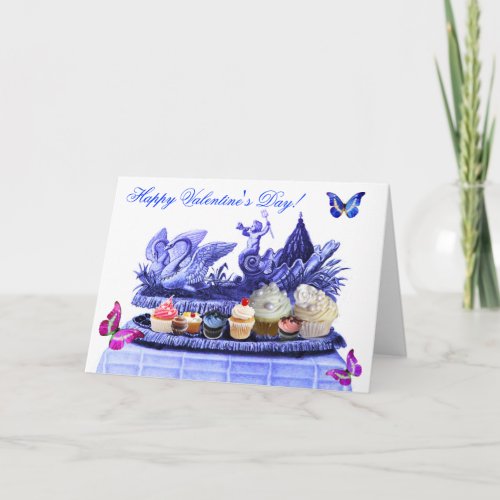 BLUE CHARIOT OF SWANS AND CUPCAKES VALENTINES DAY HOLIDAY CARD