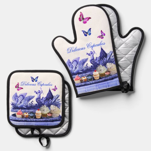 BLUE CHARIOT OF SWANS BUTTERFLIES AND CUPCAKES  OVEN MITT  POT HOLDER SET