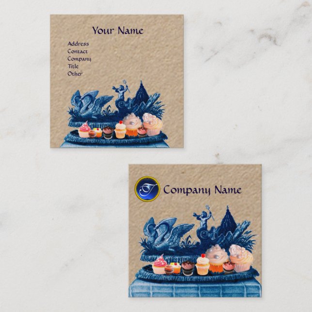 BLUE CHARIOT OF SWANS,CUPCAKES AND PASTRY Kraft Square Business Card (Front/Back)