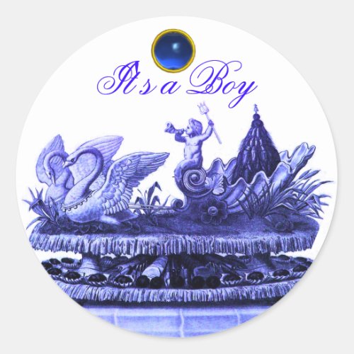 BLUE CHARIOT OF SWANS CUPCAKES BOY BABY SHOWER CLASSIC ROUND STICKER