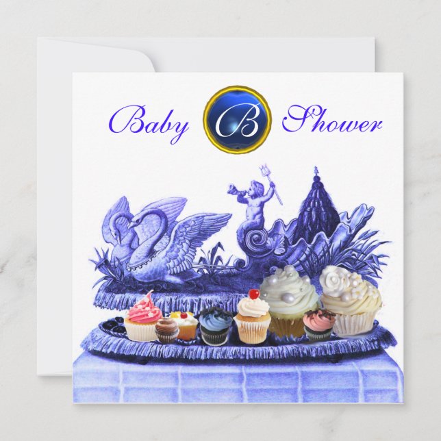 BLUE CHARIOT OF SWANS / CUPCAKES BOY BABY SHOWER INVITATION (Front)