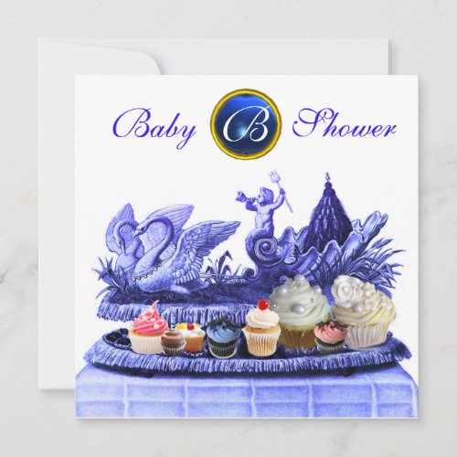 BLUE CHARIOT OF SWANS  CUPCAKES BOY BABY SHOWER INVITATION