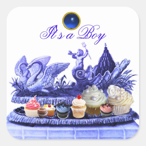 BLUE CHARIOT OF SWANS CUPCAKES BOY BABY SHOWER SQUARE STICKER