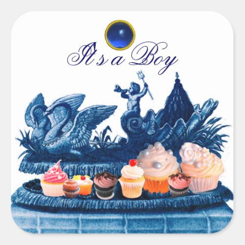 BLUE CHARIOT OF SWANS CUPCAKES BOY BABY SHOWER SQUARE STICKER