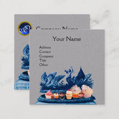 BLUE CHARIOT OF SWANSCUPCAKESPASTRY Grey Paper Square Business Card