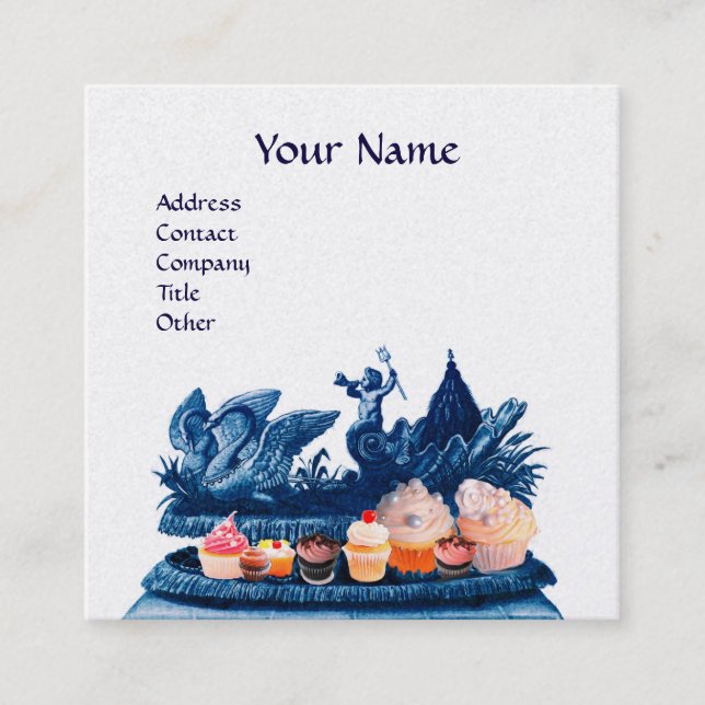 BLUE CHARIOT OF SWANS,CUPCAKES,PASTRY White Pearl Square Business Card (Front)