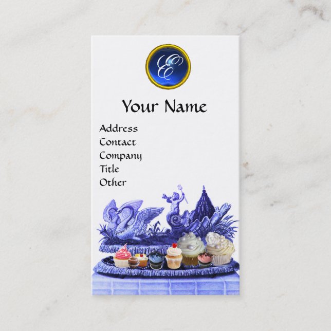 BLUE CHARIOT OF SWANS WITH CUPCAKES AND PASTRY BUSINESS CARD (Front)