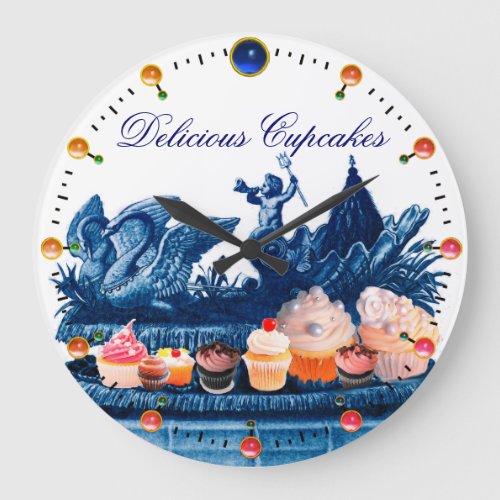 BLUE CHARIOT OF SWANS WITH CUPCAKES AND PASTRY LARGE CLOCK