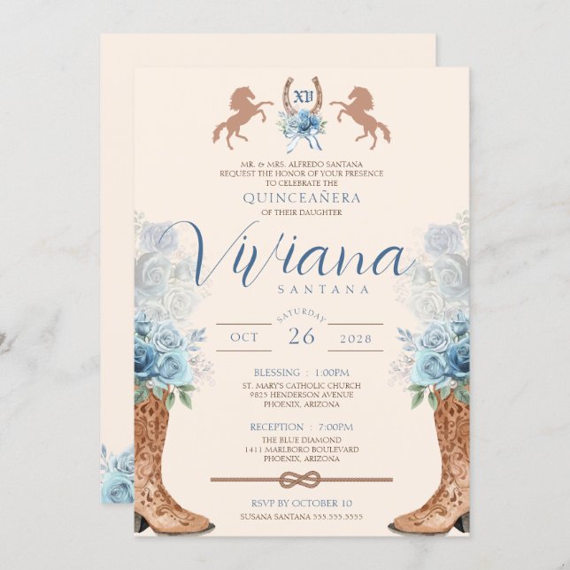 Blue Charro Western Roses Quinceanera Invitation (Front/Back)